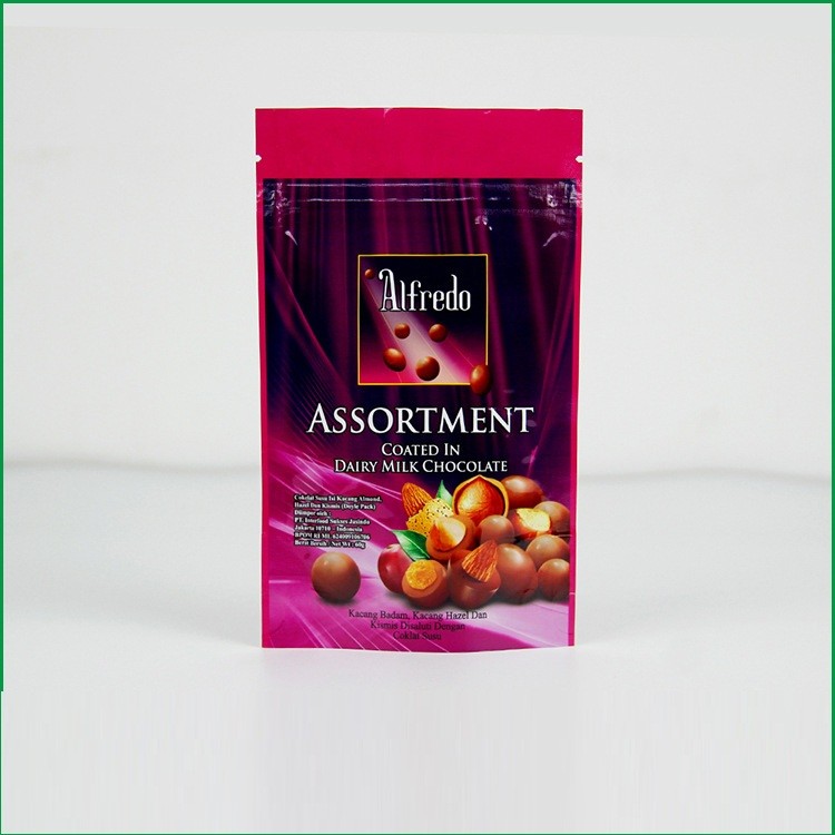 Tas ritsleting Stand up custom dengan logo untuk kemasan cokelat