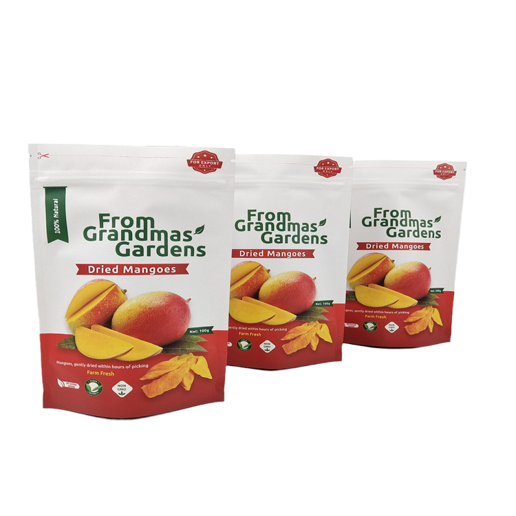 Low MOQ Custom Stand Up Kraft Paper Bag untuk Buah Mangga Kering Daur Ulang Kantong Mylar