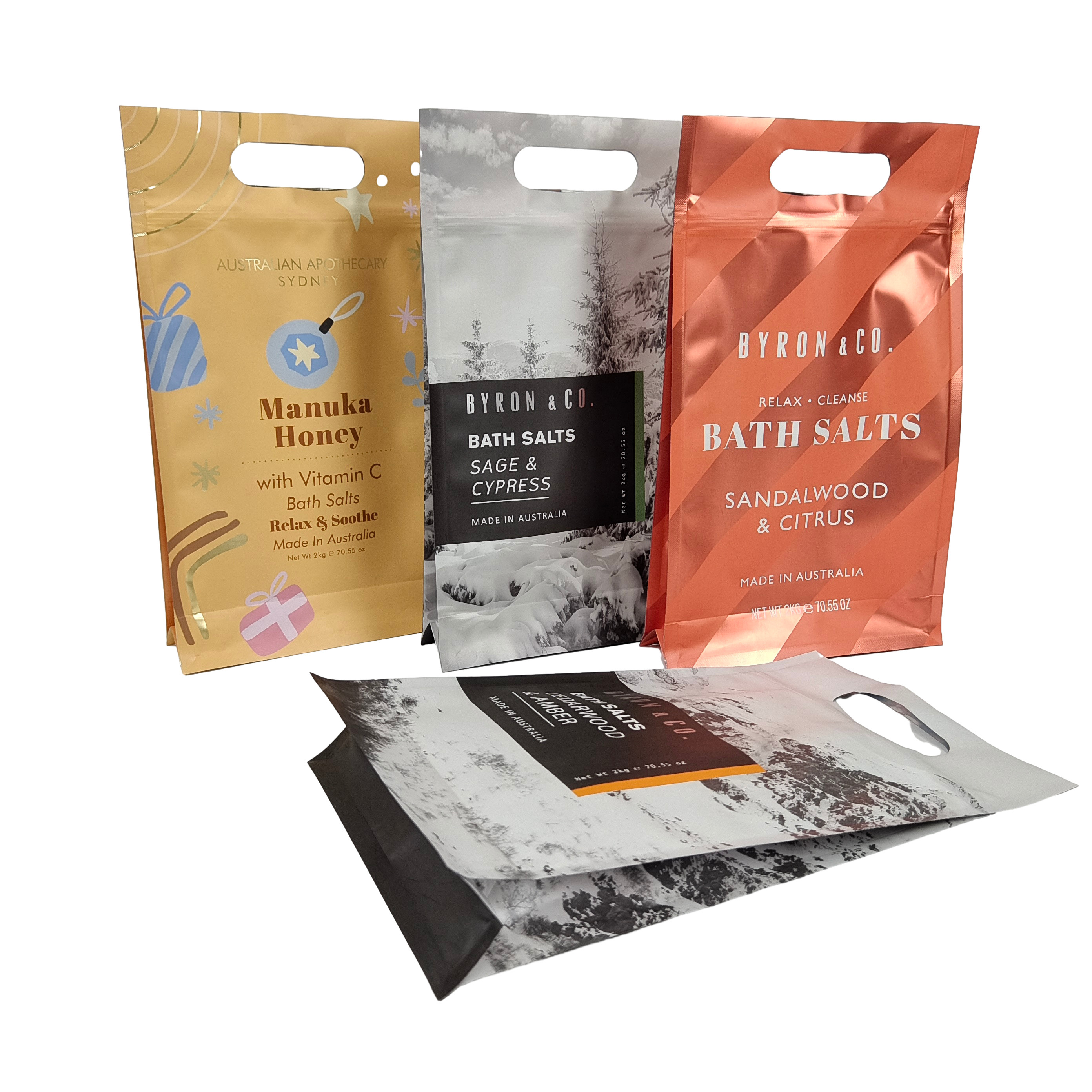 Desain Custom Printed Matte Square Flat Bottom Side Gusset Plastik Mylar Foil Logo Packaging Bag Easy Tear Zipper Bags