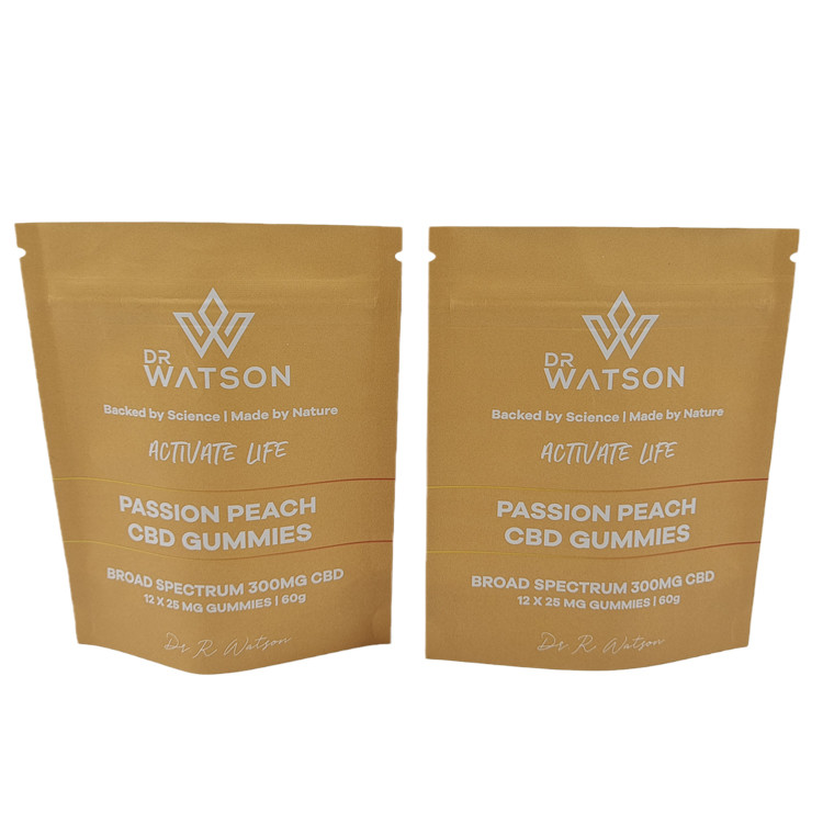 Hot Sale Desain Disesuaikan Cetak Biodegradable Stand Up Kraft Paper Bag Eco Friendly Gummie Candy Packaging