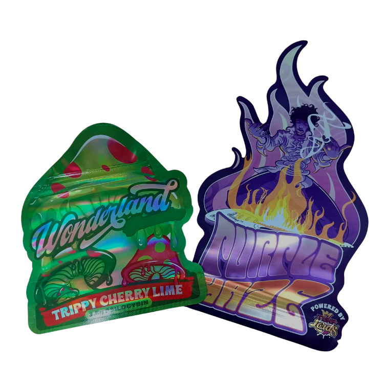 Tas Sentuhan Lembut Matte Cetak Kustom Tas Mylar 3.5g Tas Ziplock Mylar Die Cut Holografik Cetak Digital