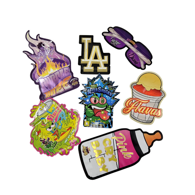 3.5g Kemasan yang Disesuaikan Dan Pencetakan Logo Spesial Unik Bentuk Dalam Diterbitkan Holographic Die Cut Mylar Bag