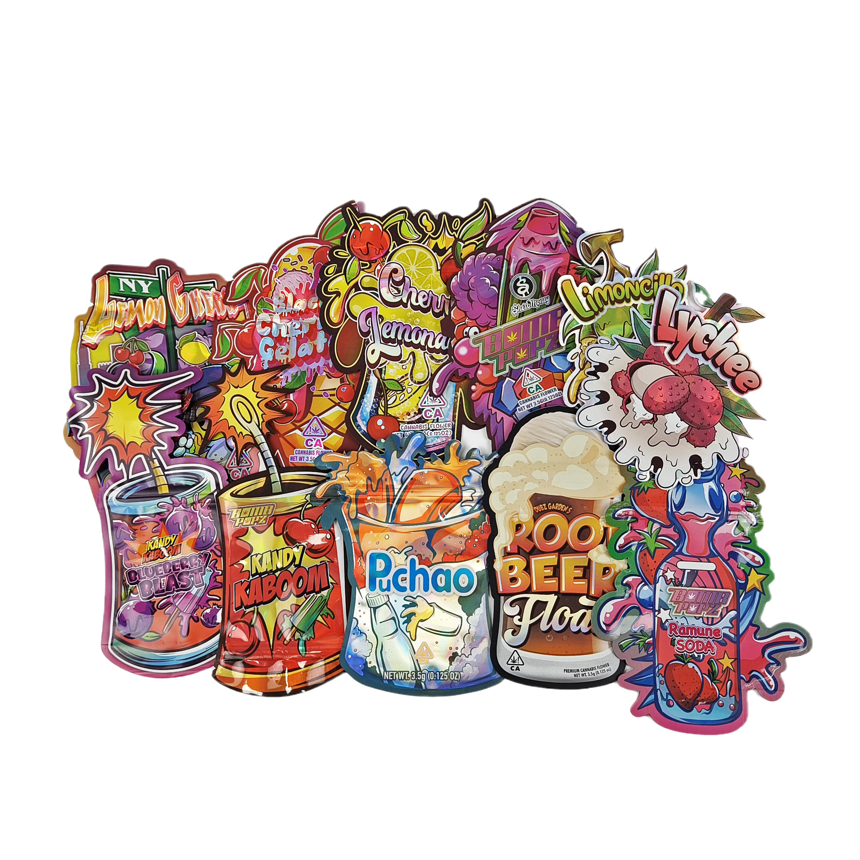 Custom Printed Child Proof Zipper Bags Stand Up Holographic Bags Untuk Makanan ringan Dan Produk Komoditas Kantong Plastik