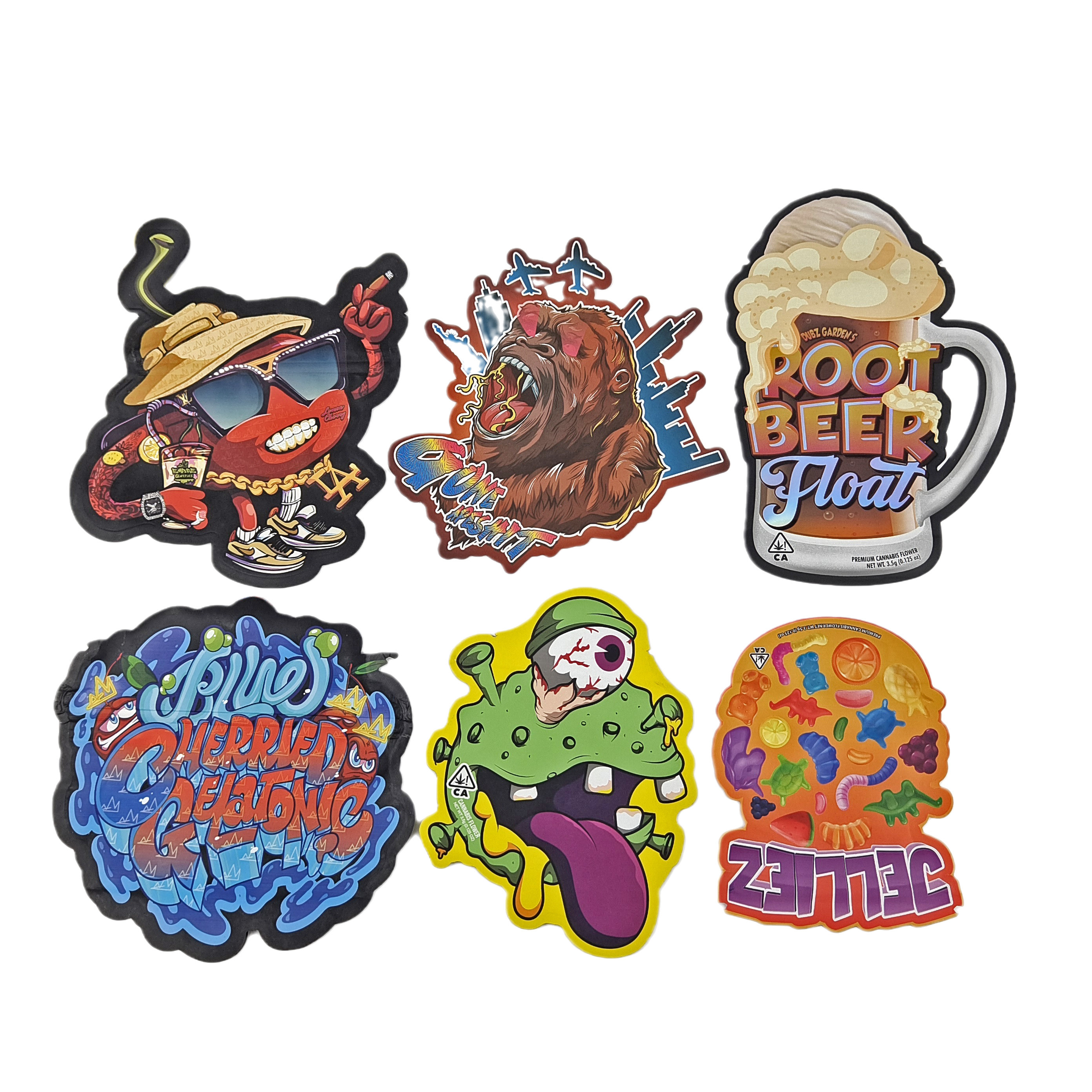 Bau Proof Custom Printed 3.5g Unik Bentuk Khusus Kemasan Makanan Irregular Die Cut Bags With Ziplock Mylar Bags