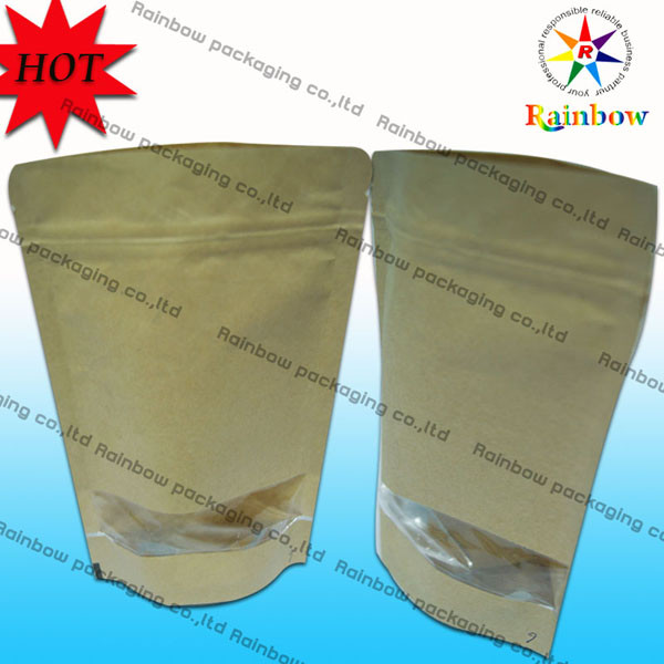 Stand Up Ziplock Brown Kraft Kantong Kertas Disesuaikan Dengan Jendela Untuk Kemasan Camilan
