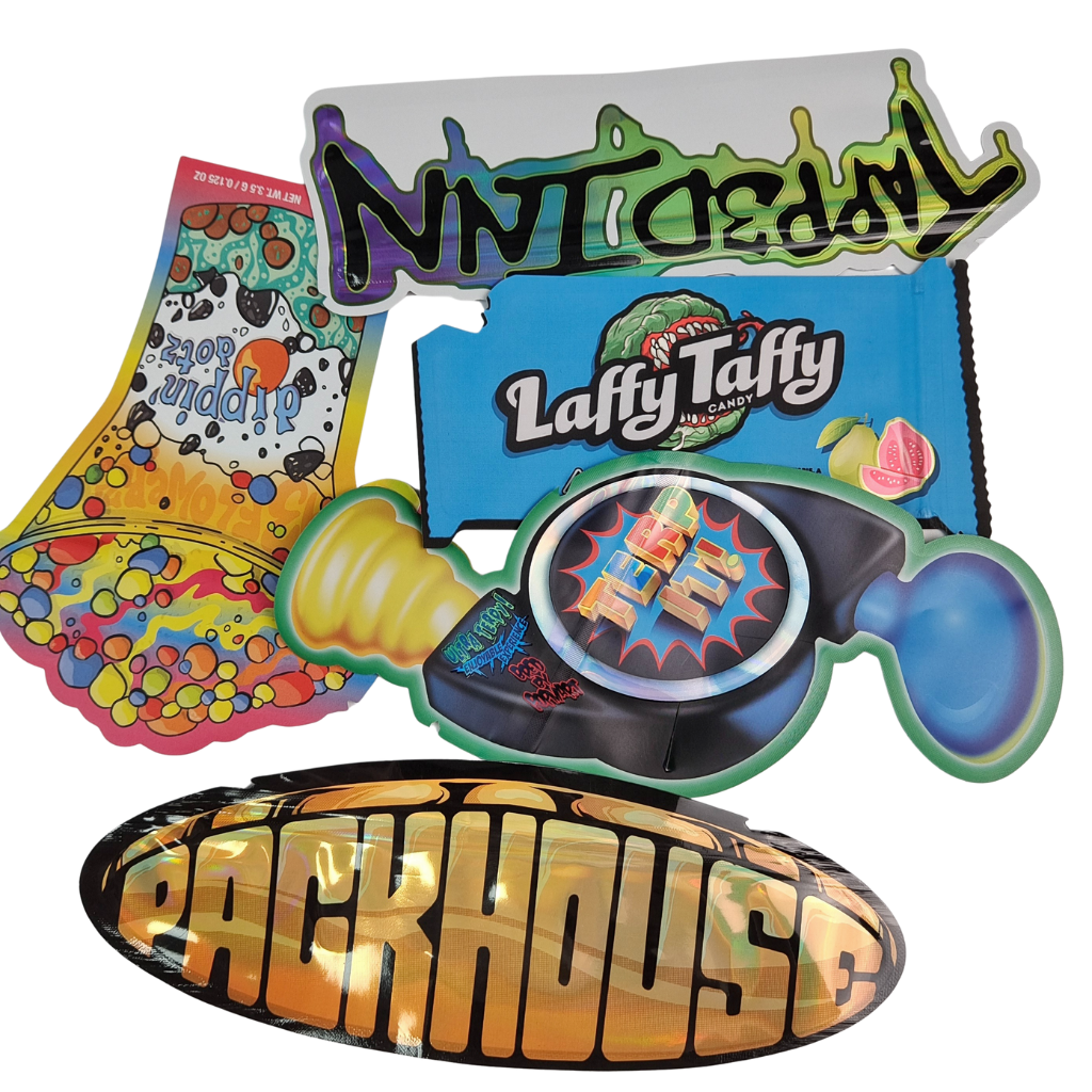 Kantong Mylar Die Cut Bentuk Holografik Resealable Resleting Kantong Foil Aluminium Heat Seal Die Cut Pouch Tidak Beraturan Untuk Permen Gummy Jamur