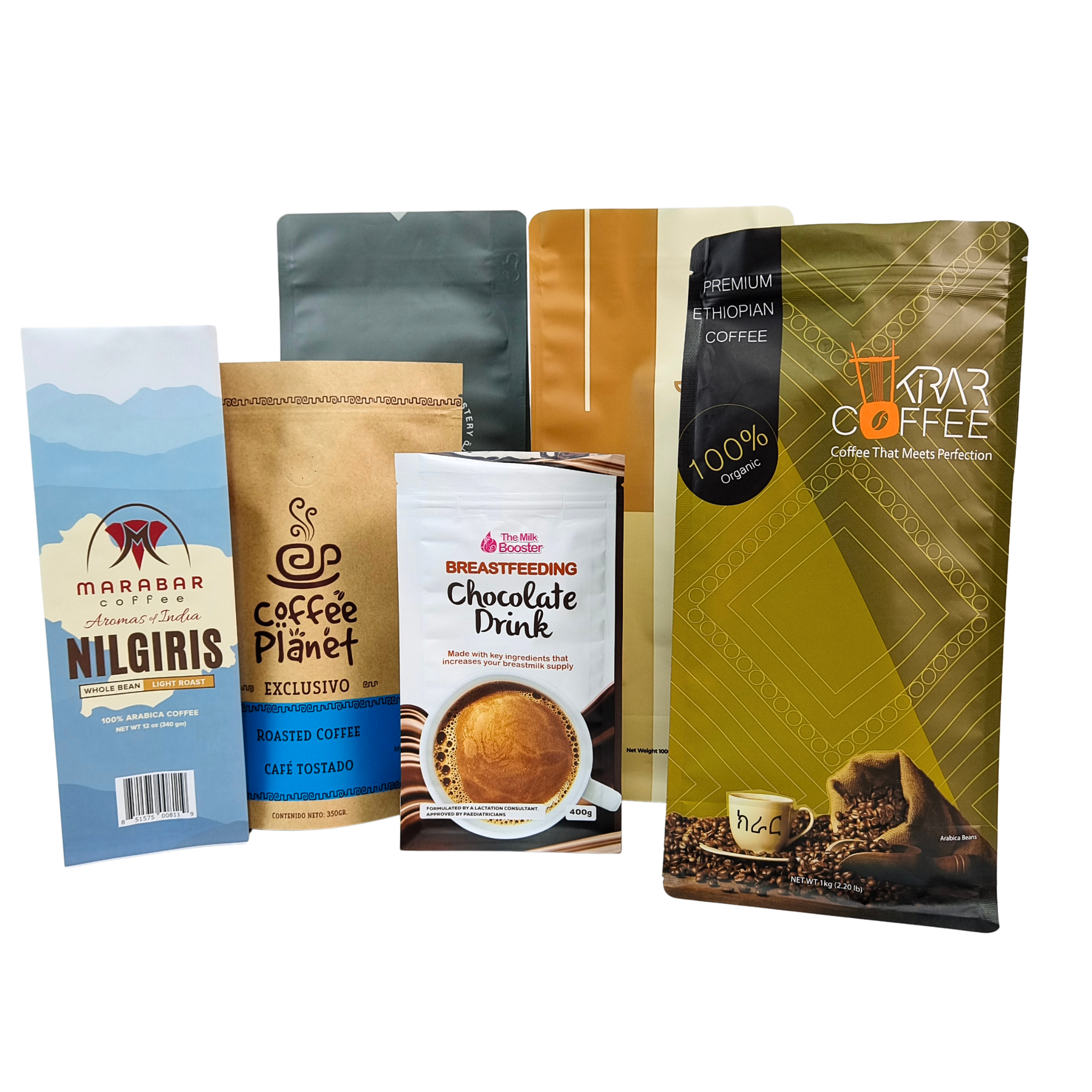 Kantong Biji Kopi Berdiri dengan Resleting dan Katup Kustom