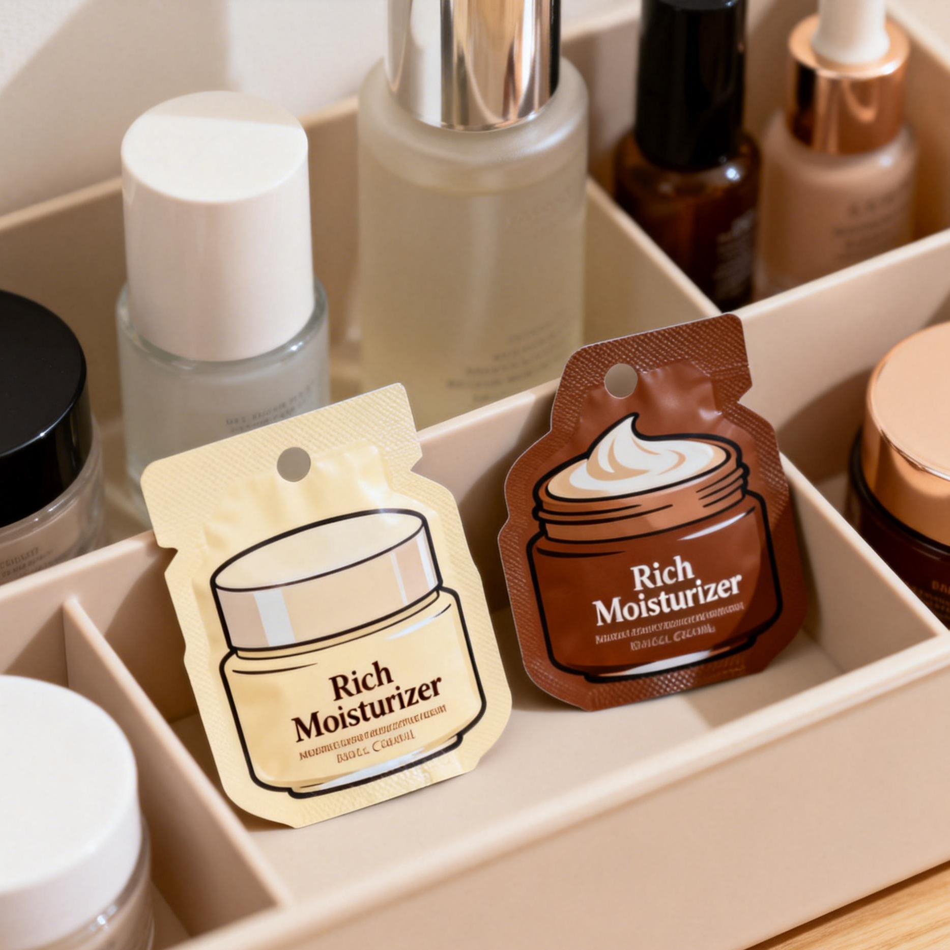 Kantong Sampel Kosmetik Plastik Foil Mylar Segel Panas Kantong Kecil Lotion Perawatan Kulit Kustom