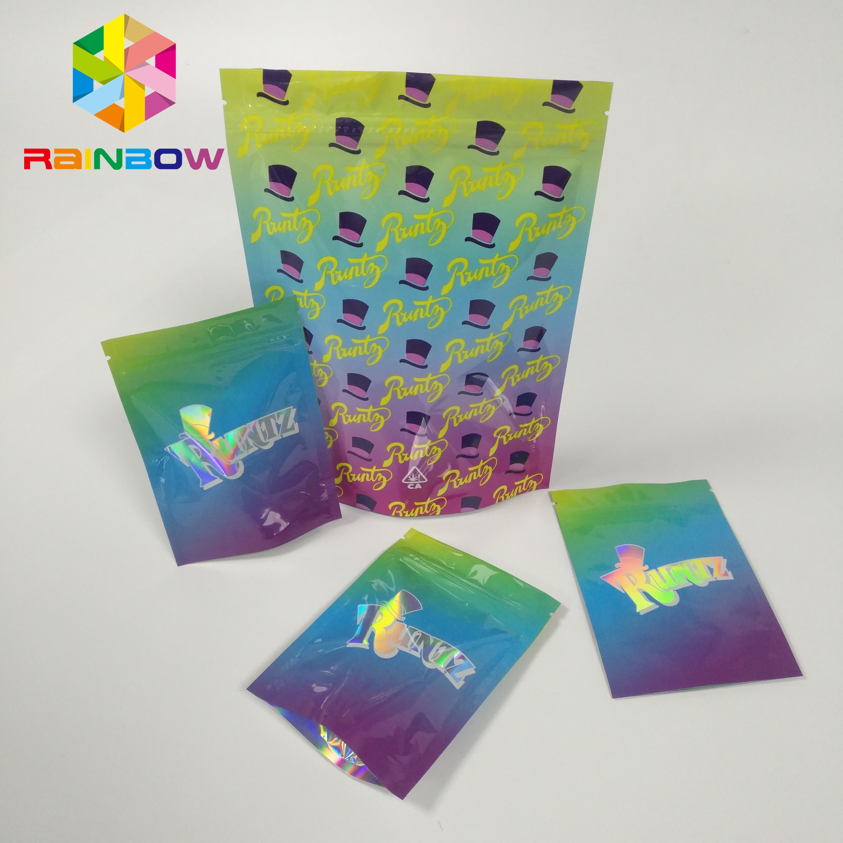 Moisture Proof Stand Up Zipper Pouch Bags RUNTZ Colorful Mylar Laser Hologram Zip Lock
