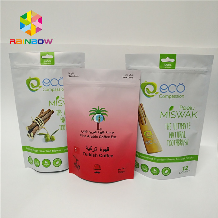 Dilaminasi foil bas ritsleting tas berdiri kantong kemasan kustom dicetak kantong kopi kantong plastik penjualan panas