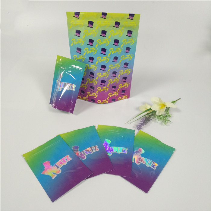Plastik Hologram Shiny Ditutup Kembali Stand Up Pouches Ziplock Runtz Bags Bau Bukti