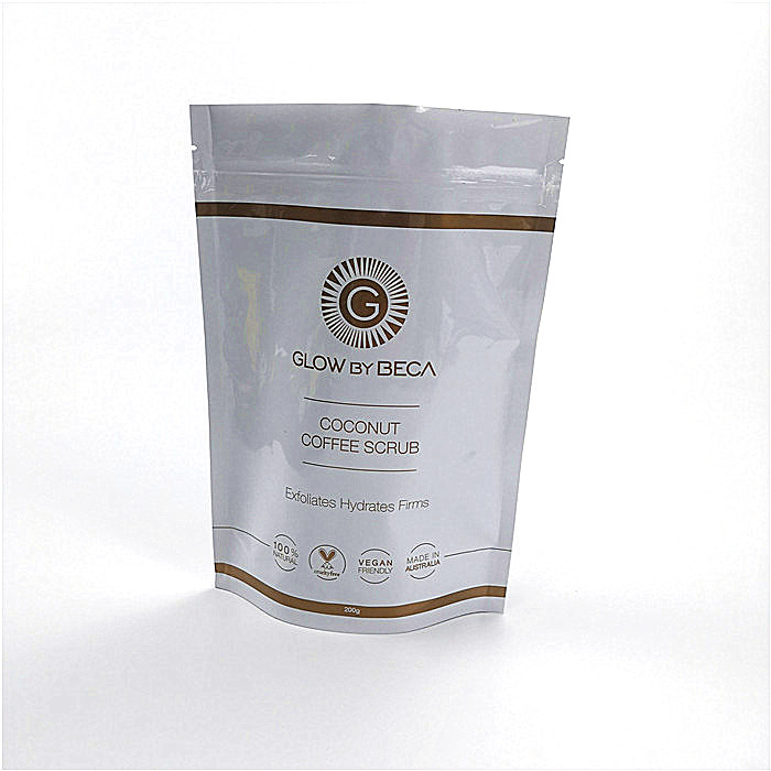 Kemasan Kantong Plastik Mylar Putih Mengkilap Stand Up Pouch Untuk Kemasan Kopi