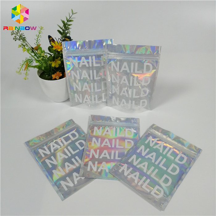 Holographic Foil Zipper Stand Up Pouch Mylar Bag Cetak Kustom Ziplock Bau Bukti