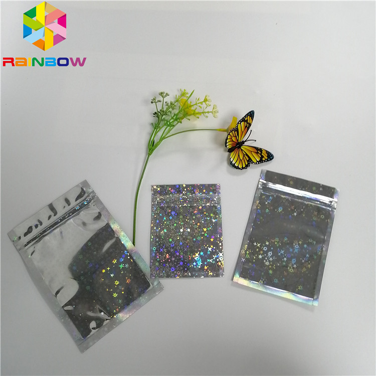 Glitter Flash Bintang Hologram Mylar Ziplock Bags Glossy Tiga Sisi Segel Masker Wajah Kemasan