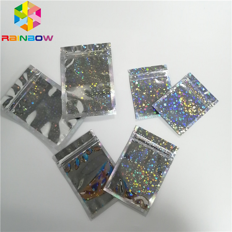 Hologram Foil Pouch Kemasan Heat Seal Star Flash Mylar Plastic Three Side Seal Zipper Bag