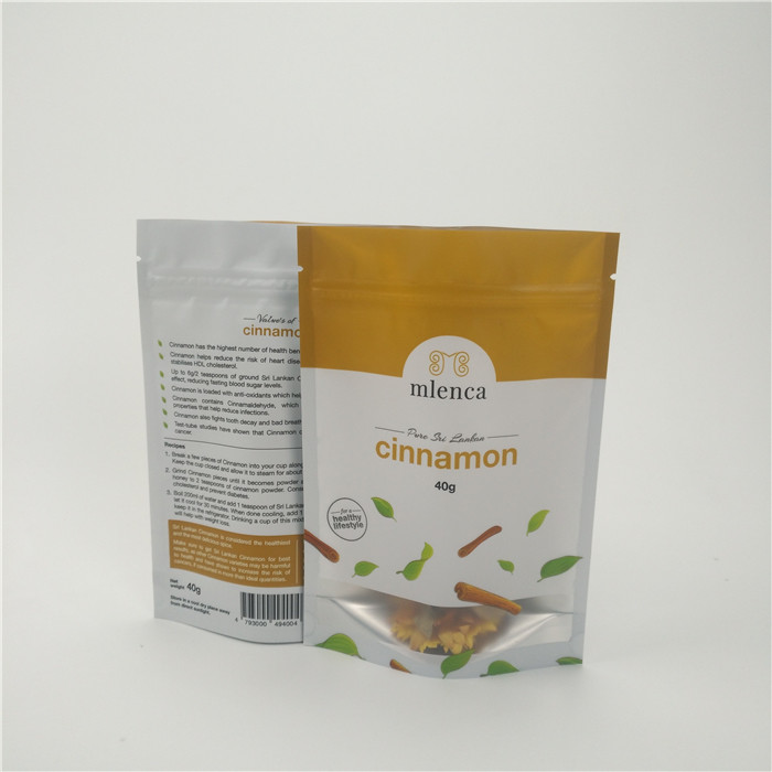 Matte Putih Latar Belakang Ritsleting Tas Kosmetik Stand Up Doypack 40g Kayu Manis