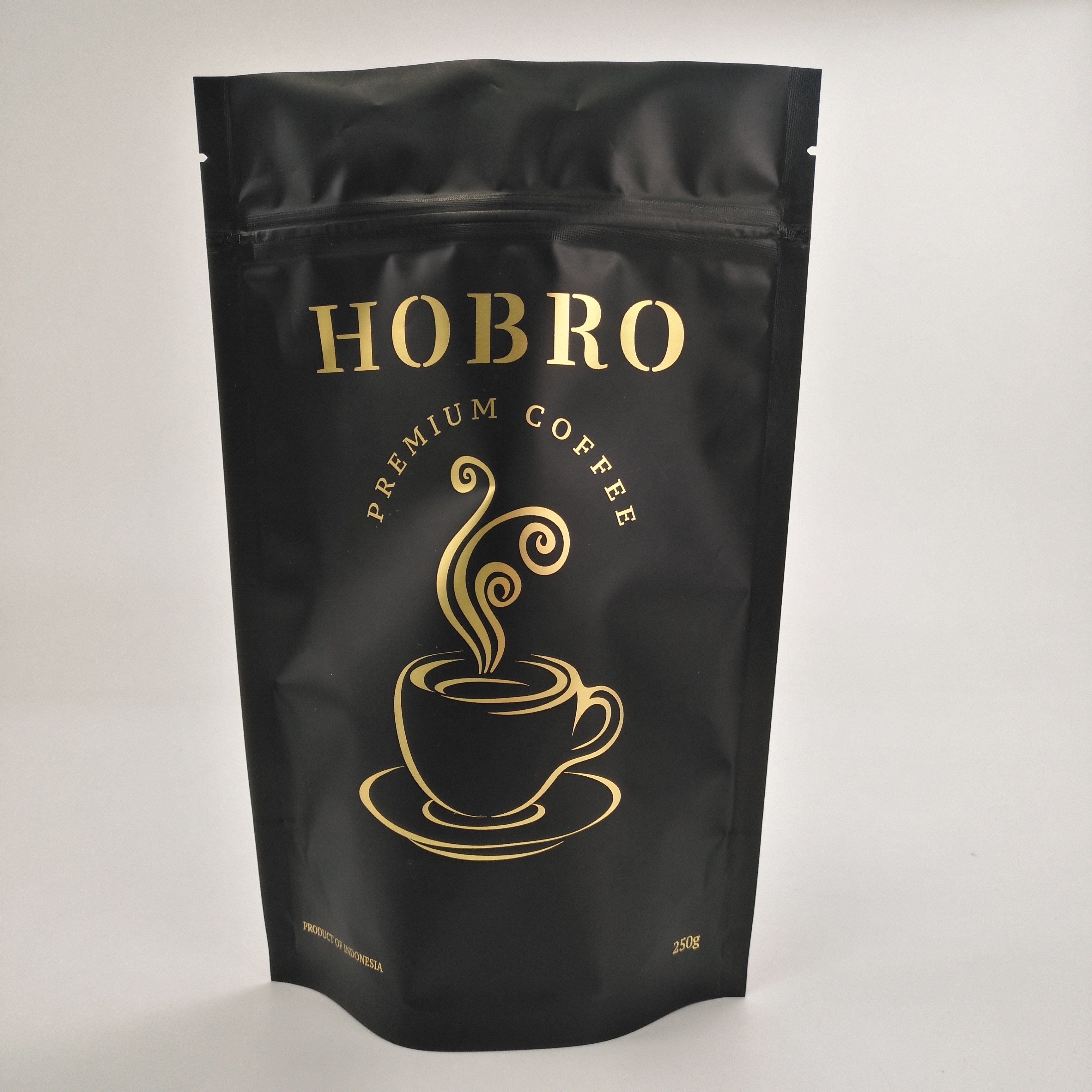 Stand Up Matt Black Laminated Aluminium Foil Zip Lock Tas Pengemasan Kopi Tas Kemasan Biji Kopi Dengan Katup