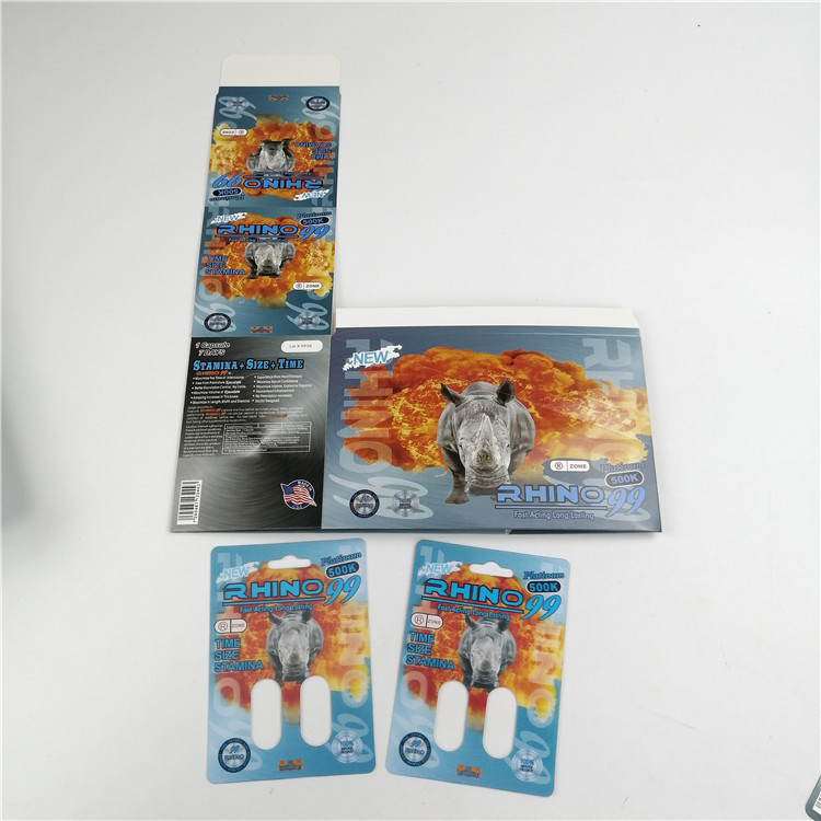 Desain Terbaru 600k 700k Rhino Blister Card 3d Lenticular Card Untuk Kemasan Pil Peningkatan Pria