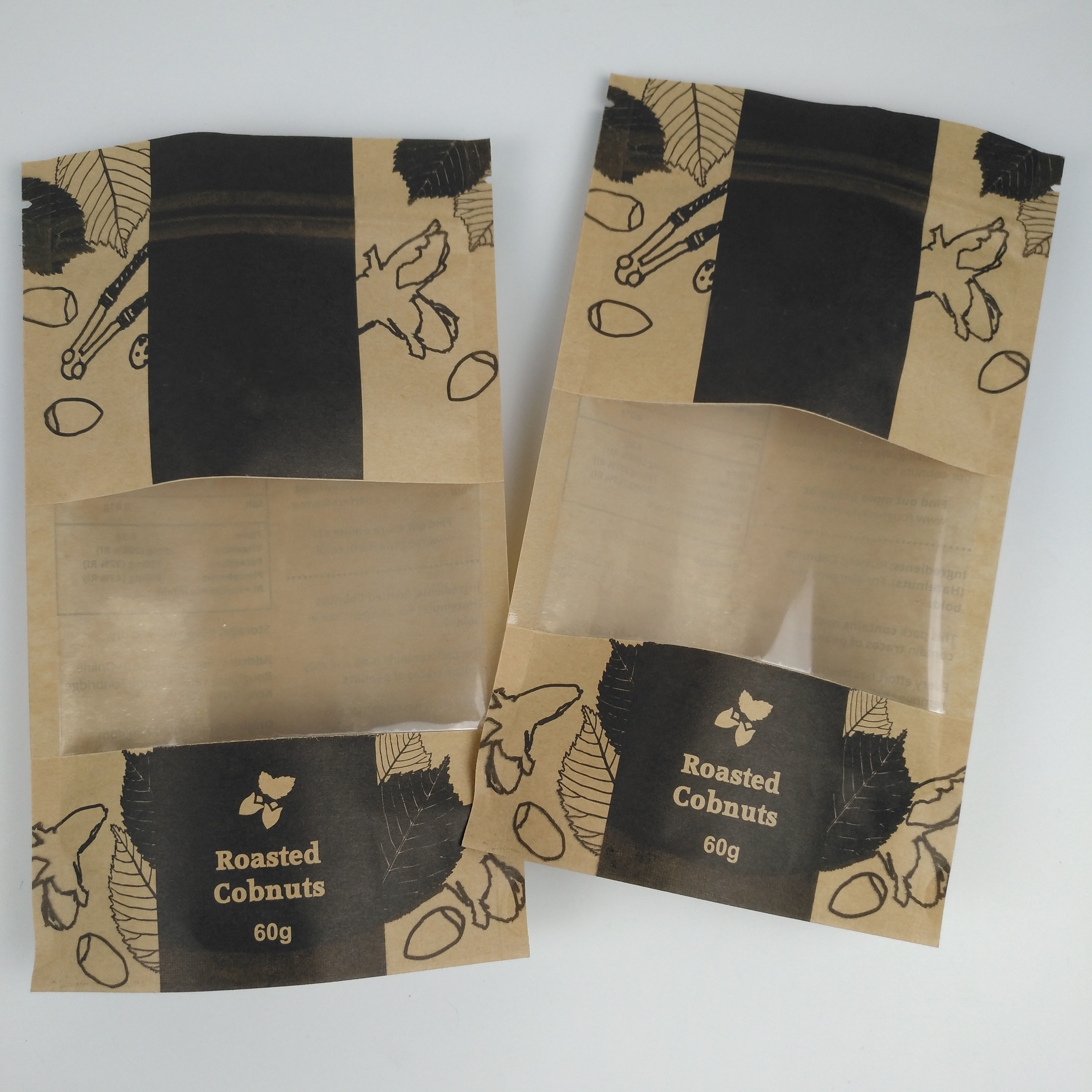 Daur Ulang Stand Up Pouch Food Grade Zip Lock Heat Seal Dicetak Biodegradable Custom Food Kraft Paper Bag Dengan Jendela Yang Jelas