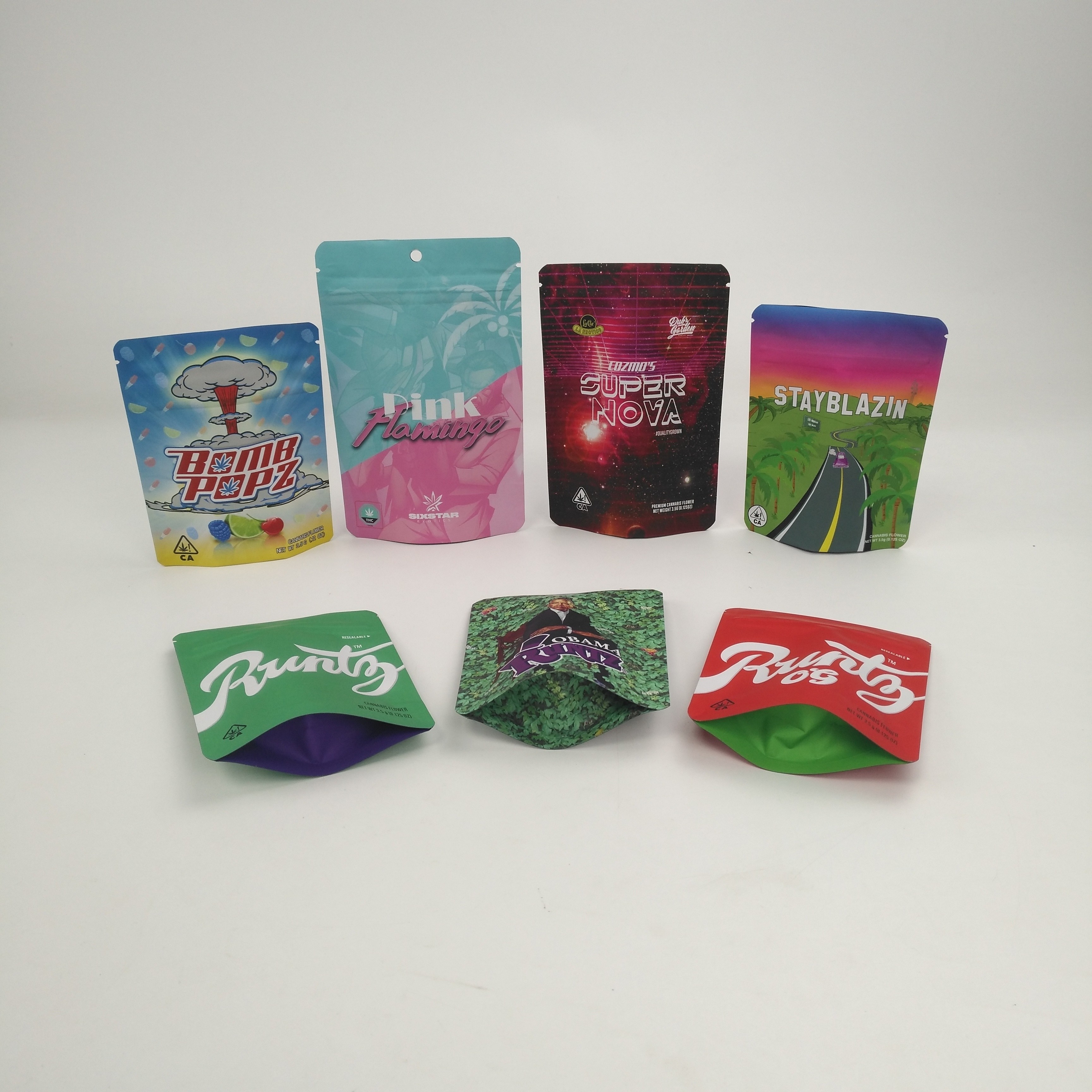 Disesuaikan logo 3.5g 7g 14g 28g 1 pon Kue Berdiri Tas Untuk Kush Haze Herb CBD Cannabis Runtz