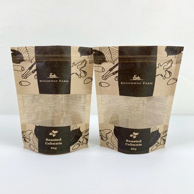 Custom Printed Resealable Stand Up Pouch Kertas Kraft Kopi Teh Makanan Ringan Tas Kemasan Makanan Dengan Jendela Persegi Panjang