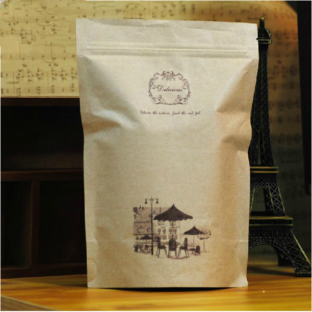Coffee Bean Customized Paper Bags Coklat Kraft Dengan Jendela dan kantong kertas kerajinan Ritsleting