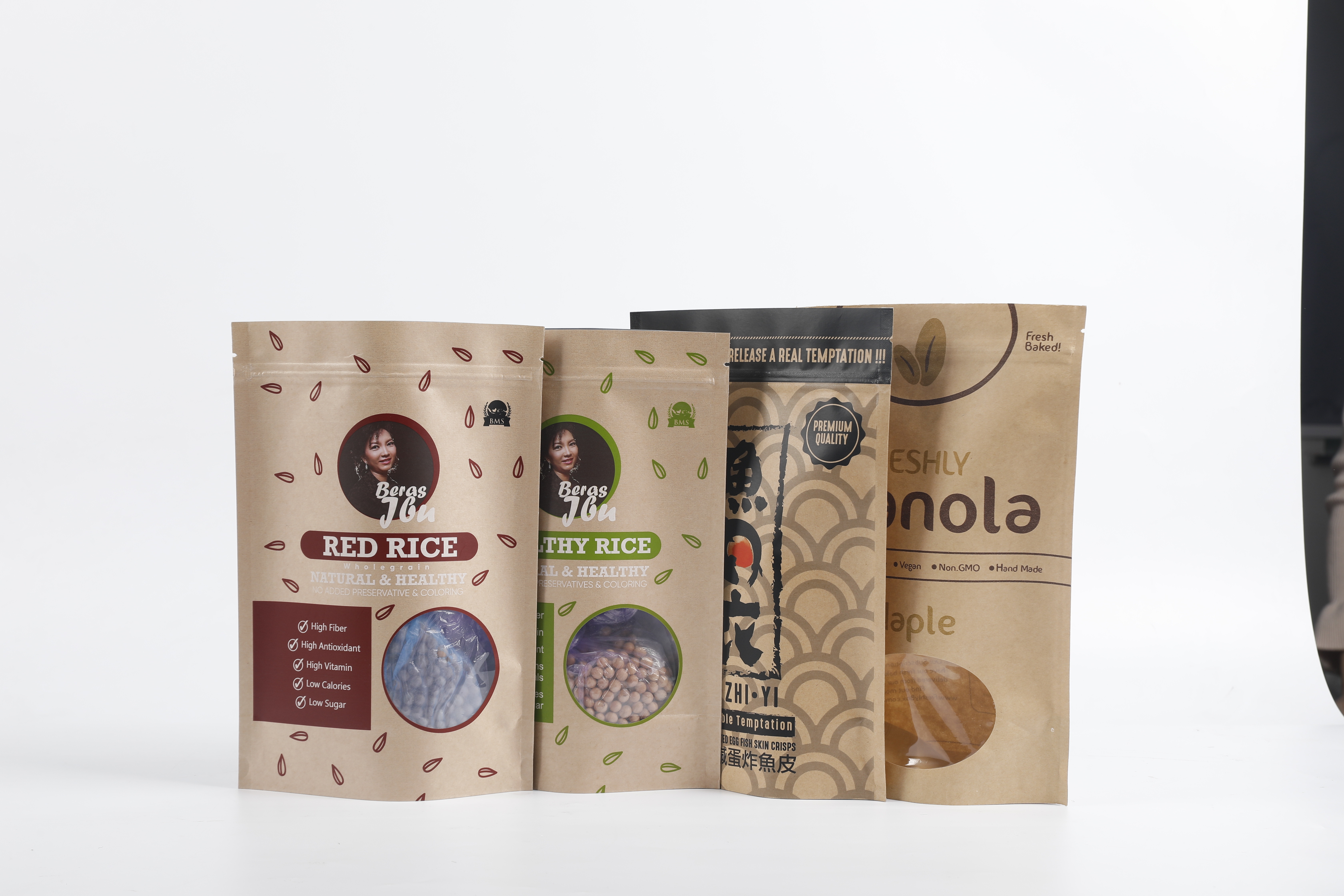 Kantong Ritsleting Kertas Kraft PLA Biodegradable Kustom Stand Up Kemasan Makanan Teh