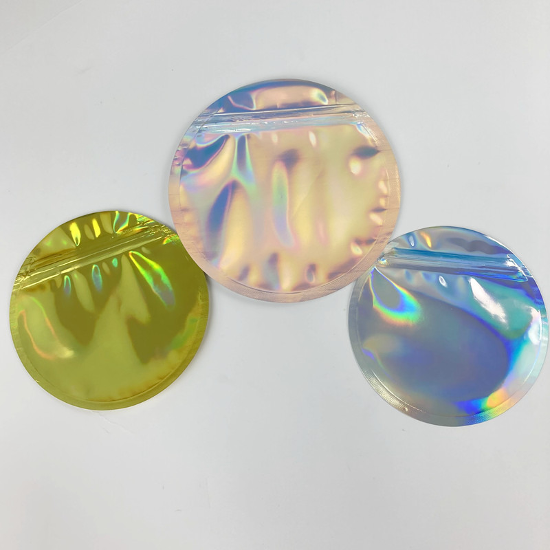 Polos Plack Hologram Ziplock Foil Bags Kemasan Edible Round Circle Mylar Pouch