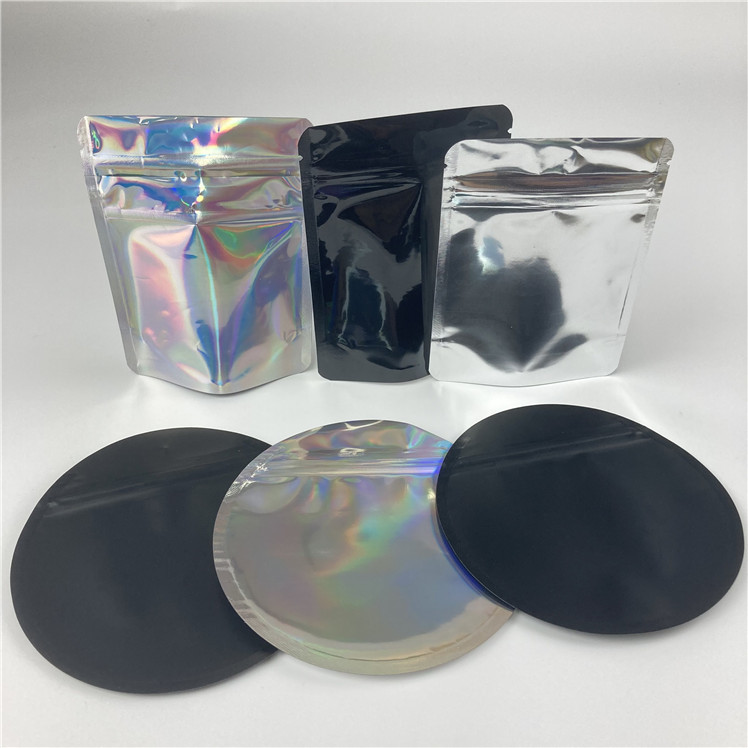 3.5g Hologram Berbentuk Tas Mylar Bulat Kemasan Ritsleting Lingkaran Cetak Kustom
