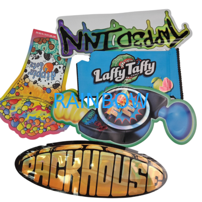 Kantong Mylar Die Cut Bentuk Holografik Resealable Resleting Kantong Foil Aluminium Heat Seal Die Cut Pouch Tidak Beraturan Untuk Permen Gummy Jamur