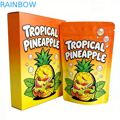 Custom 3.5 Mylar Bag Datang Dengan Display Box Untuk Bunga Candy Cookie Gummy Packaging Child Resistant 3.5g 7g 14g Die Cut Mylar Bag