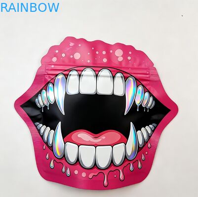 Kantong Mylar Holografik Sentuhan Lembut dengan Resleting untuk Permen Herbal Bunga Kering Permen Karet Biskuit Gula Kemasan Tahan Anak